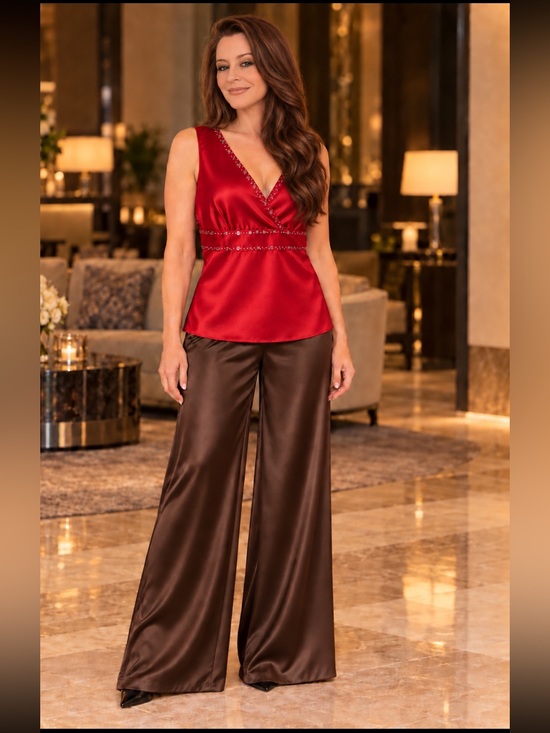 New York & Company Tops - NWOT New York & Company Ruby Red Silky Embellished V-Neck Top 16 Fits like a 14.